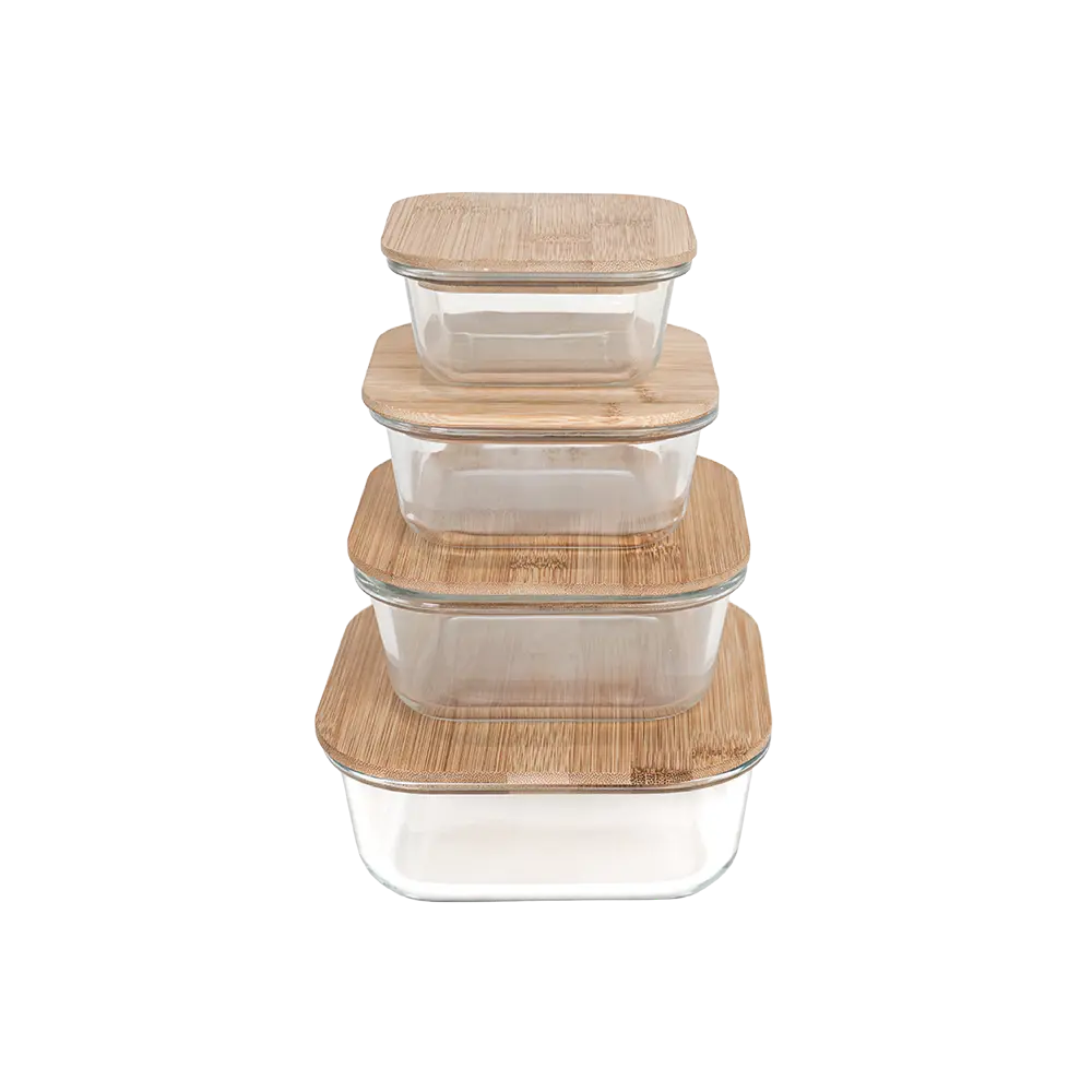 Glass 5pcs squared storage box set with wooden lid