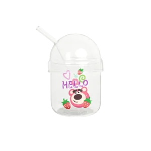 Glass bear & strawberry design mug with glass lid & straw