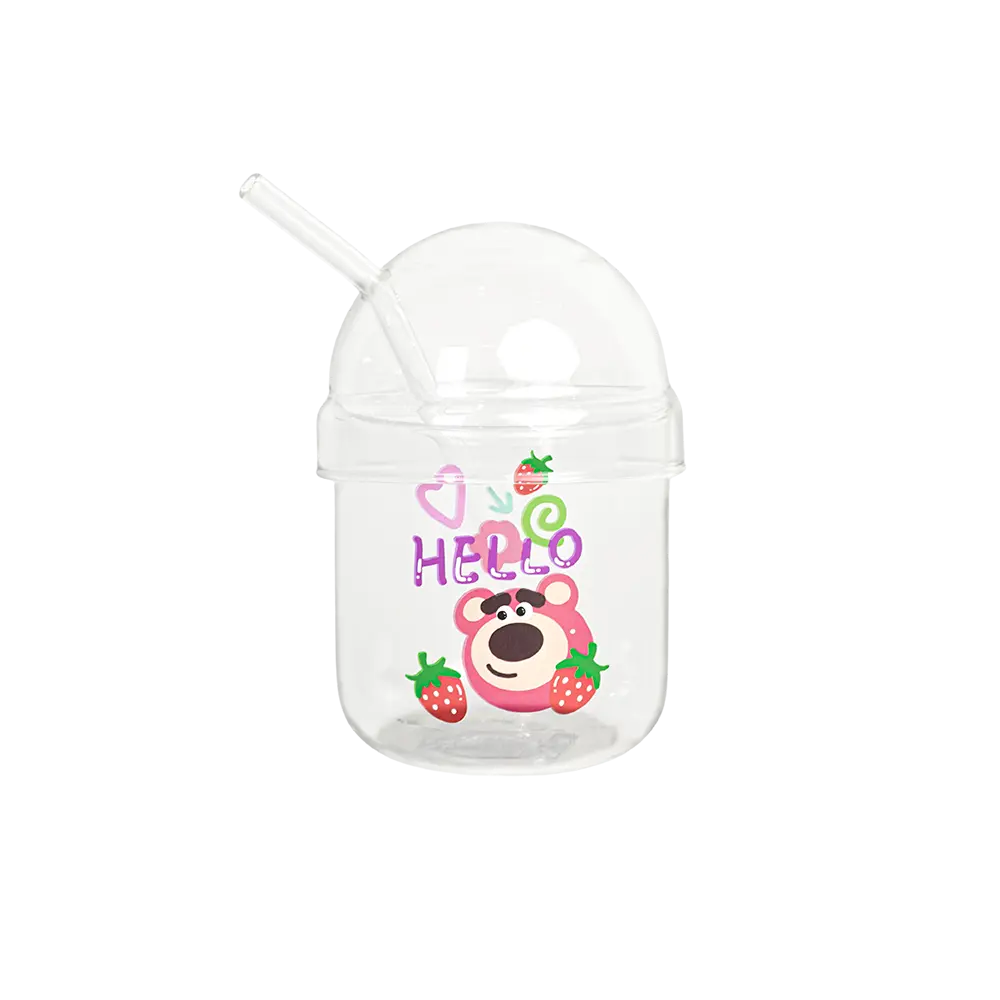 Glass bear & strawberry design mug with glass lid & straw