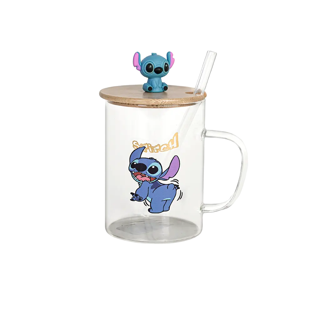 Glass blue stitch design mug with handle and bamboo lid