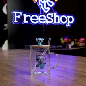 Glass blue stitch design mug with handle and bamboo lid1