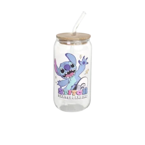 Glass blue stitch design mug with straw & bamboo lid