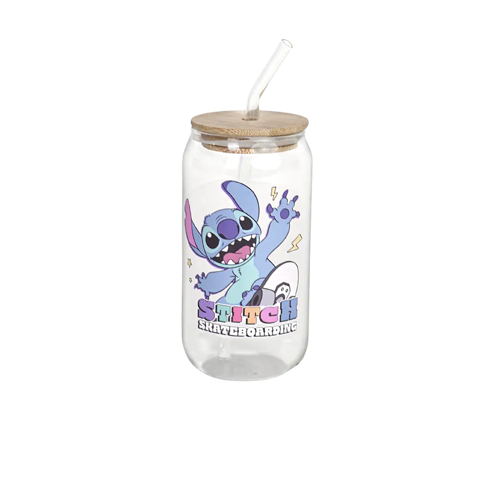 Glass blue stitch design mug with straw & bamboo lid