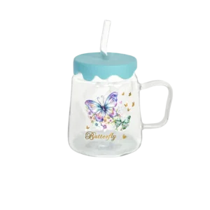 Glass butterfly design mug with silicone blue lid