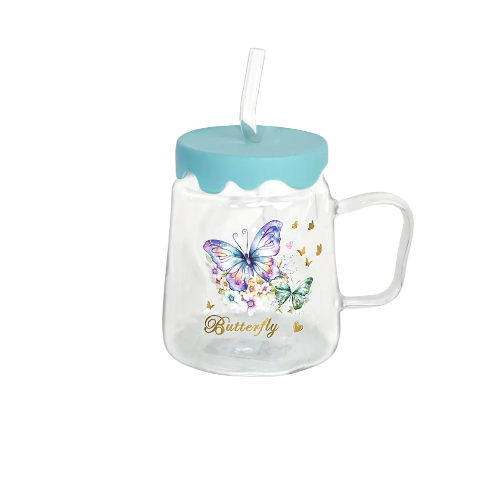 Glass butterfly design mug with silicone blue lid