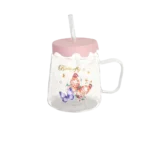 Glass butterfly design mug with silicone pink lid