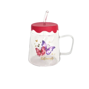 Glass butterfly design mug with silicone red lid