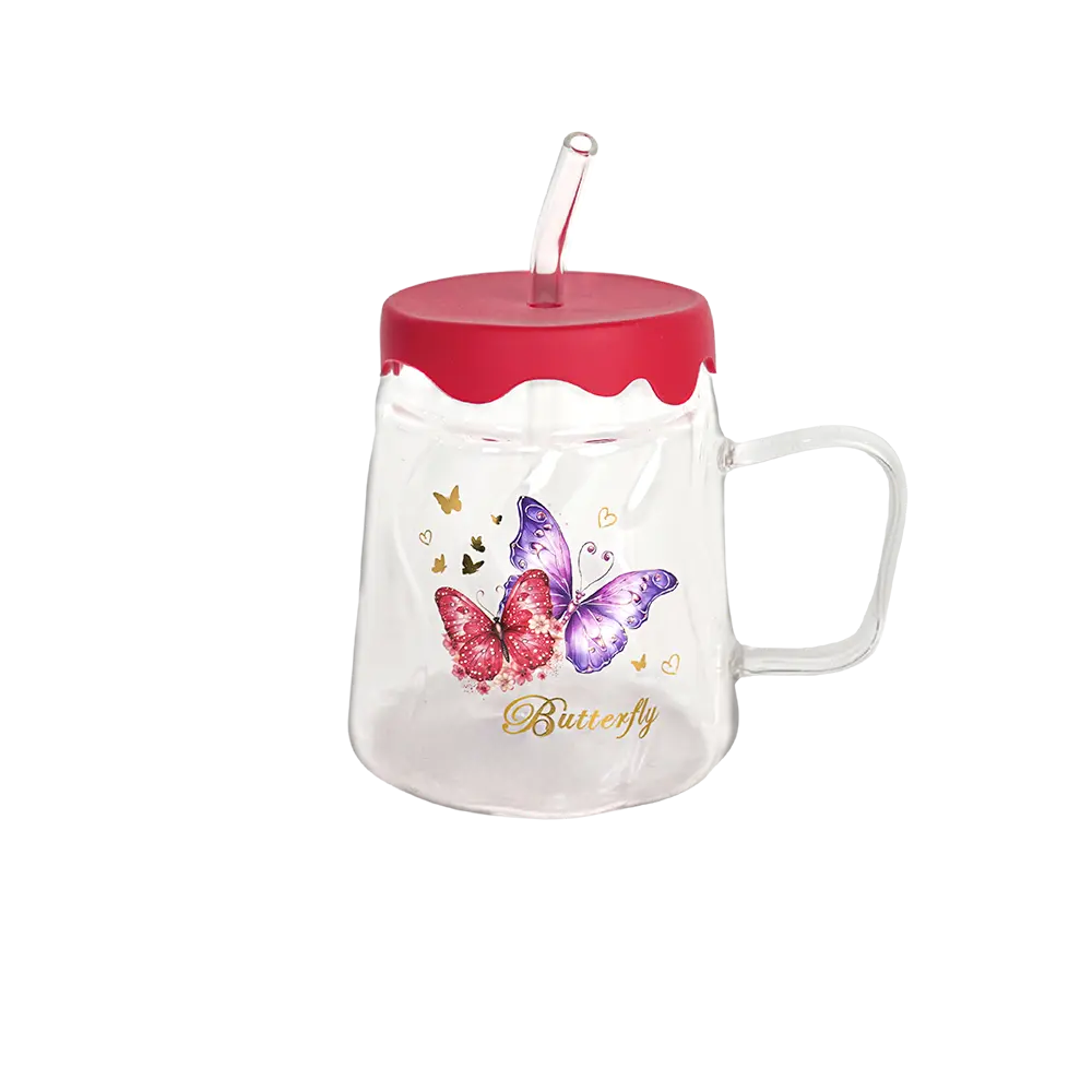Glass butterfly design mug with silicone red lid