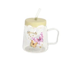 Glass butterfly design mug with silicone yellow lid
