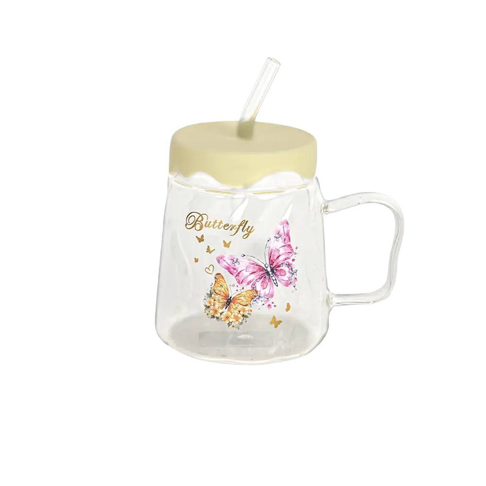 Glass butterfly design mug with silicone yellow lid
