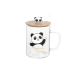 Glass dancing panda design mug with straw & bamboo lid