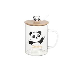 Glass dancing panda design mug with straw & bamboo lid
