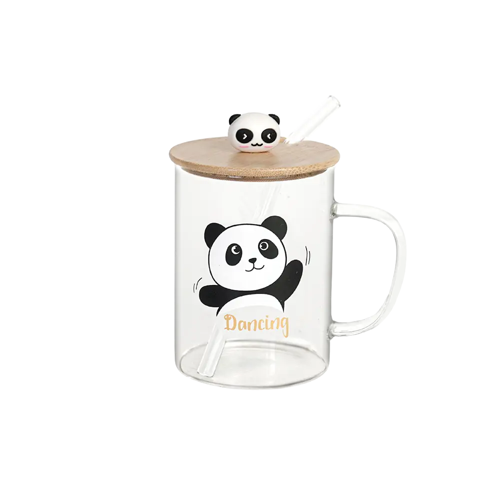 Glass dancing panda design mug with straw & bamboo lid