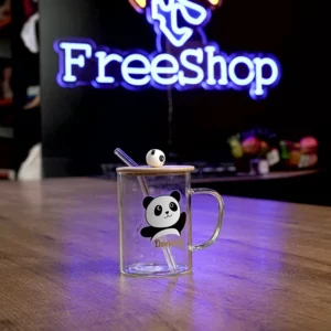 Glass dancing panda design mug with straw & bamboo lid1