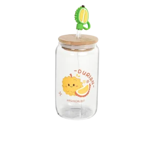 Glass durian design mug with bamboo lid and straw