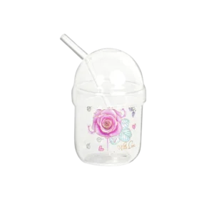 Glass flower design mug with glass lid & straw