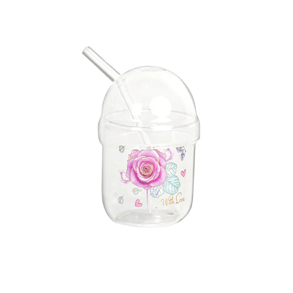 Glass-Flower-Design-Mug-with-Glass-Lid-&-Straw Glass flower design mug with glass lid & straw