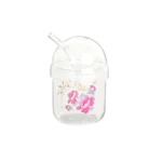 Glass flowers design mug with glass lid & straw