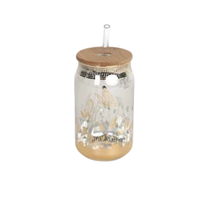 Glass golden butterflies design mug with bamboo lid and straw