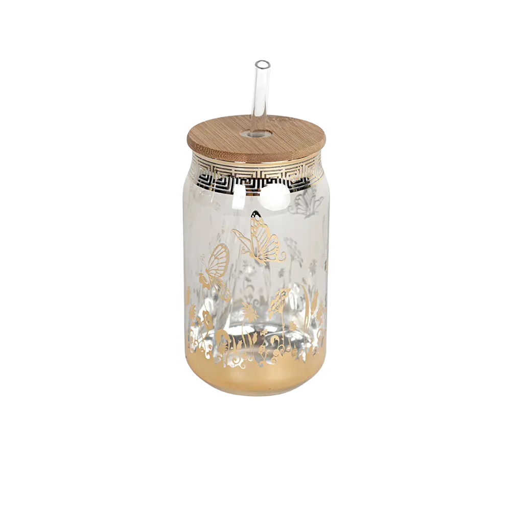 Glass golden butterflies design mug with bamboo lid and straw