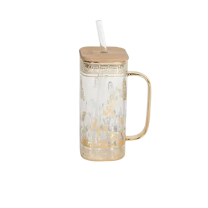 Glass golden butterflies design mug with golden handle