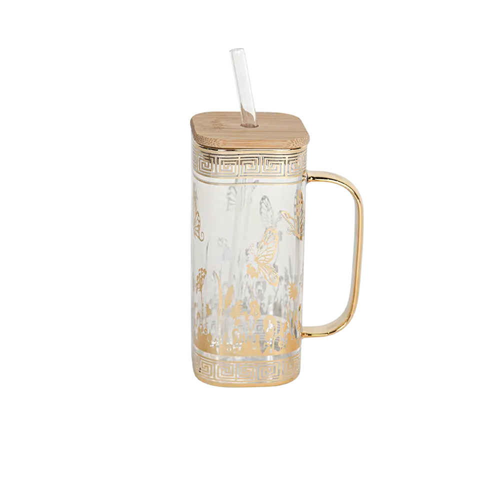 Glass golden butterflies design mug with golden handle