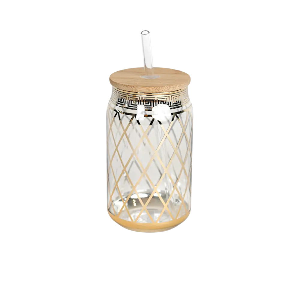 Glass golden patterend design mug with bamboo lid and straw