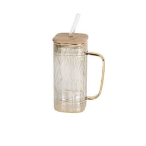 Glass golden patterend design mug with golden handle
