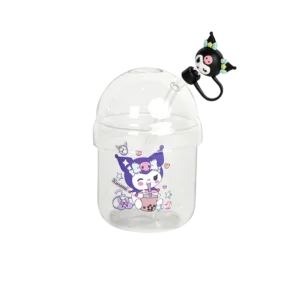 Glass kuromi design mug with glass straw & lid