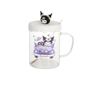 Glass kuromi design mug with spoon & silicone white lid