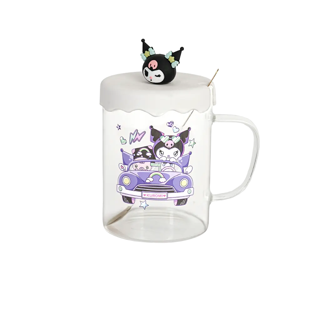 Glass kuromi design mug with spoon & silicone white lid