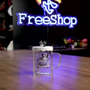 Glass kuromi design mug with spoon & silicone white lid1