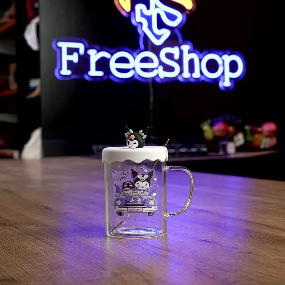 Glass kuromi design mug with spoon & silicone white lid1