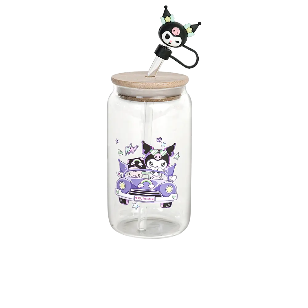 Glass-Kuromi-Design-Mug-with-Straw-&-Bamboo-Lid Glass kuromi design mug with straw & bamboo lid