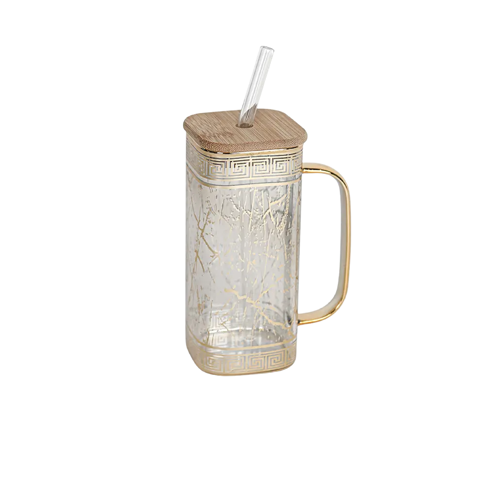 Glass patterend gold design mug with golden handle