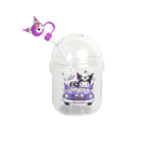 Glass purple kuromi design mug with glass straw & lid