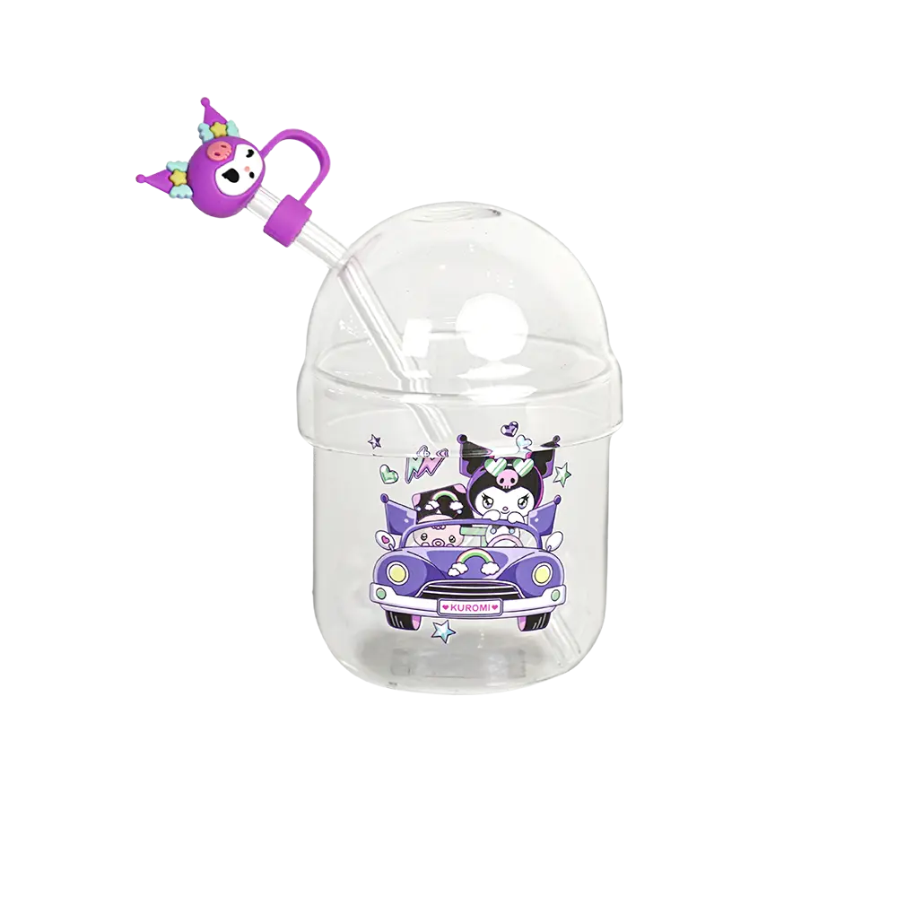 Glass purple kuromi design mug with glass straw & lid