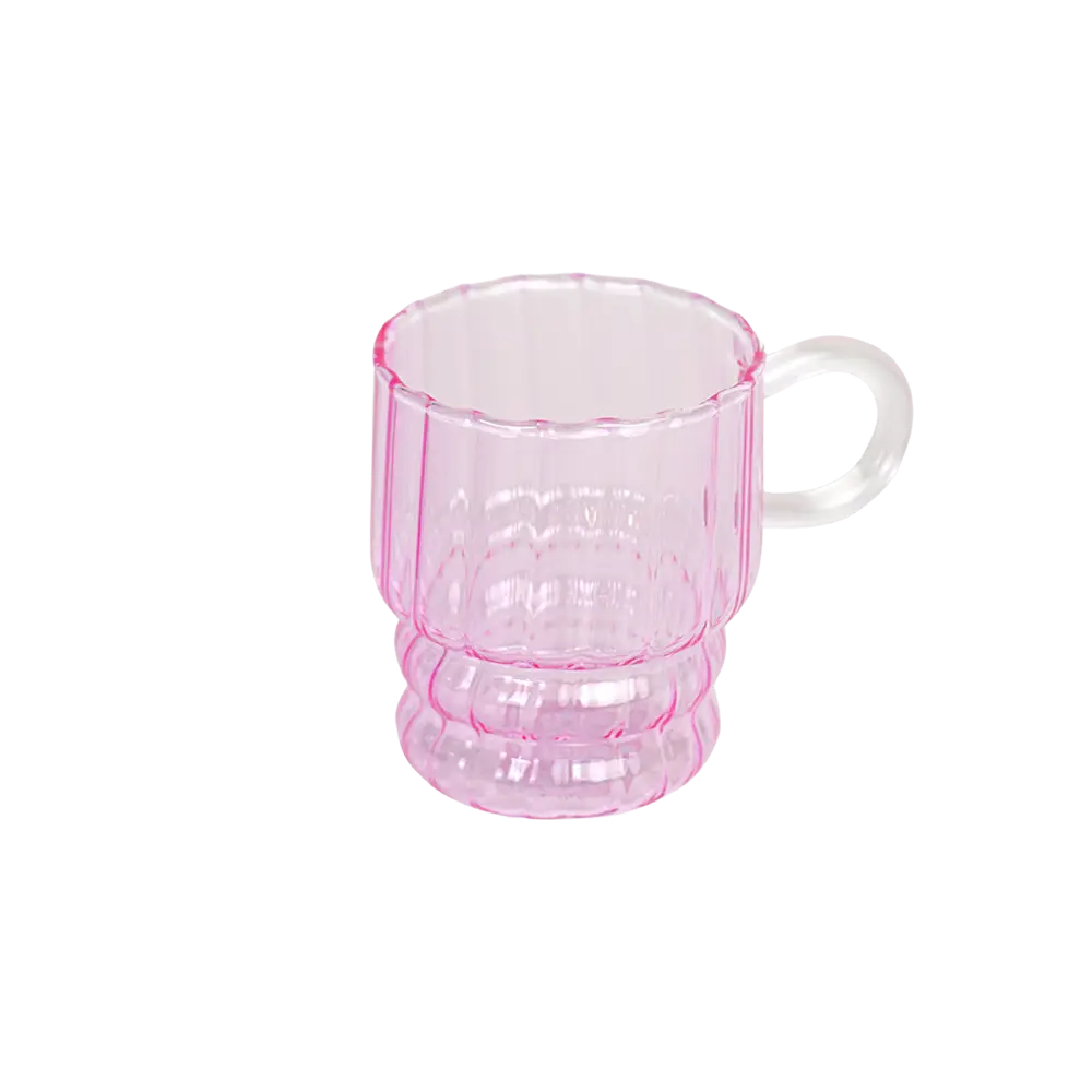 Glass ribbed design pink mug with handle
