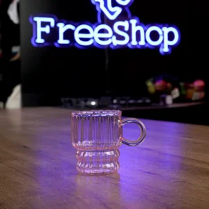 Glass ribbed design pink mug with handle1