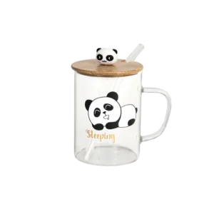 Glass sleeping panda design mug with straw & bamboo lid