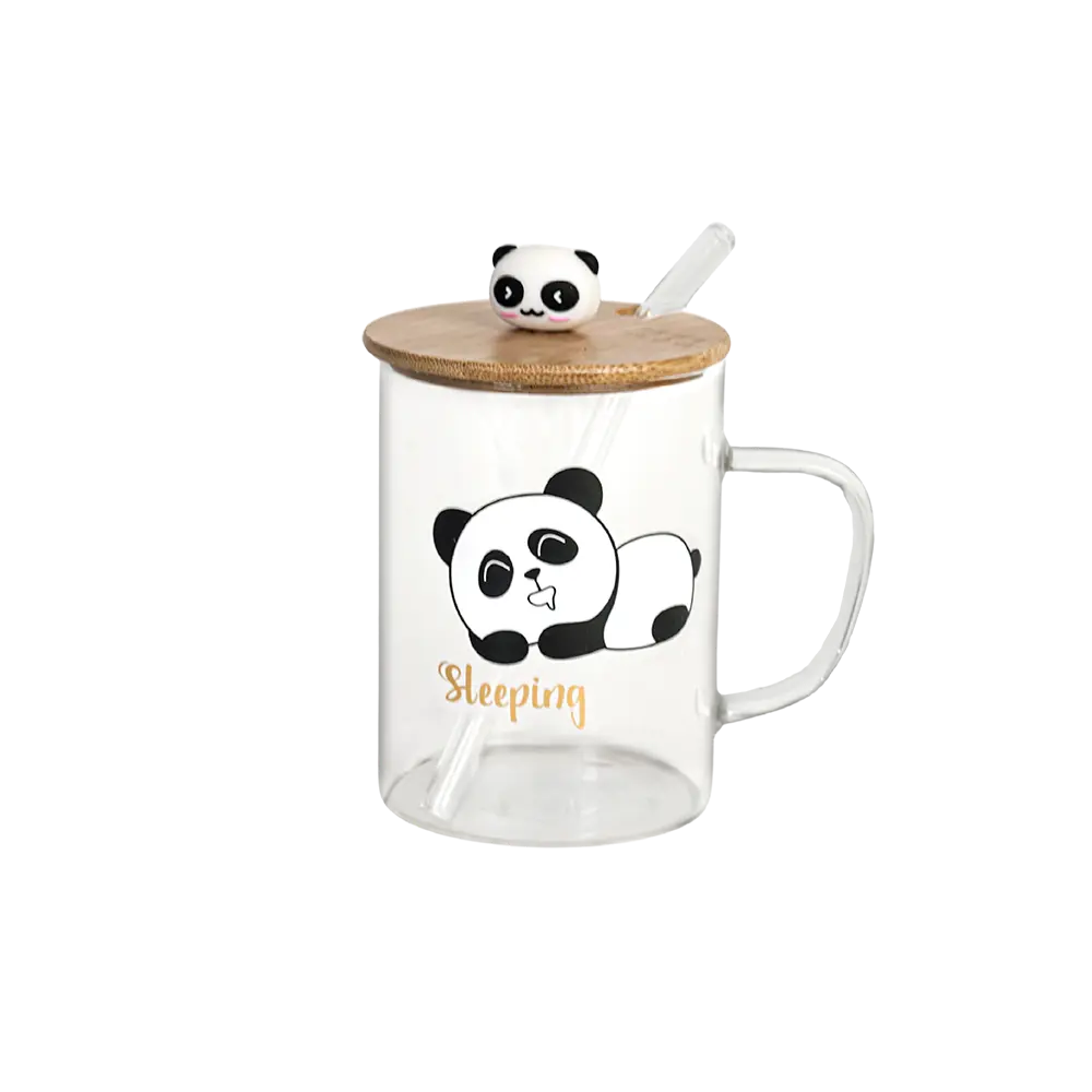 Glass sleeping panda design mug with straw & bamboo lid
