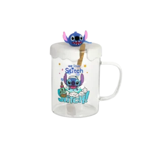 Glass stitch design mug with spoon & silicone white lid