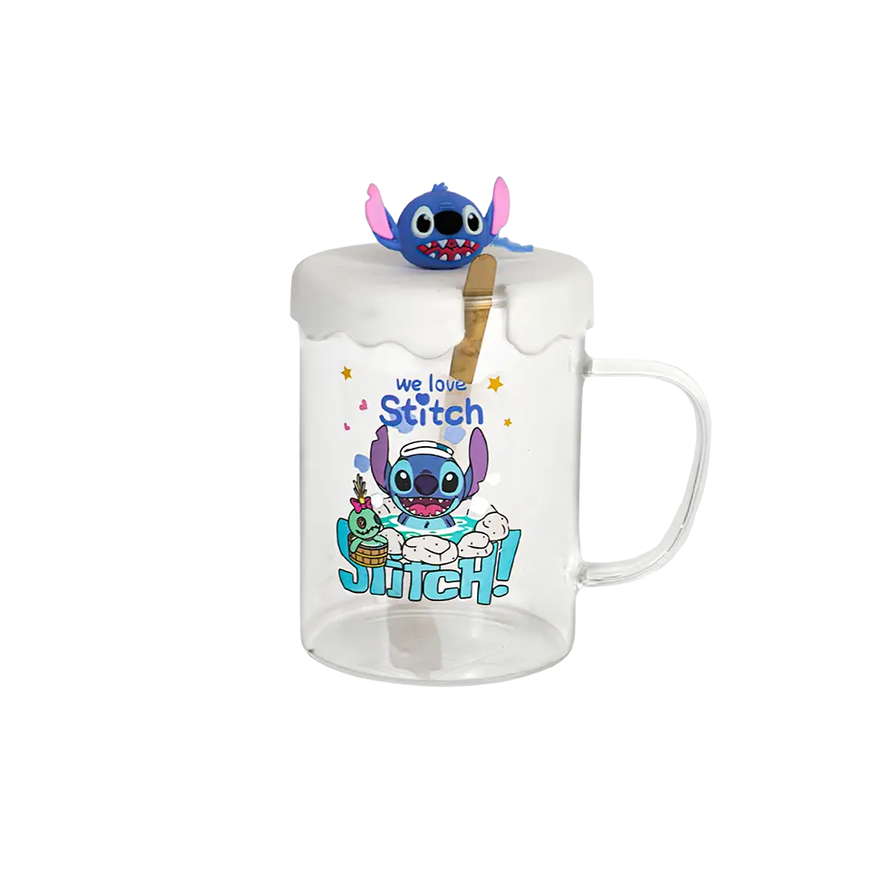Glass stitch design mug with spoon & silicone white lid