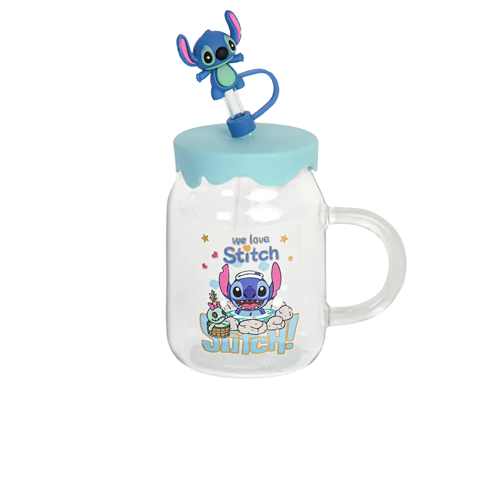 Glass stitch design mug with straw & silicone blue lid