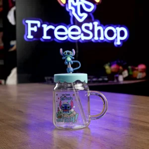 Glass stitch design mug with straw & silicone blue lid1