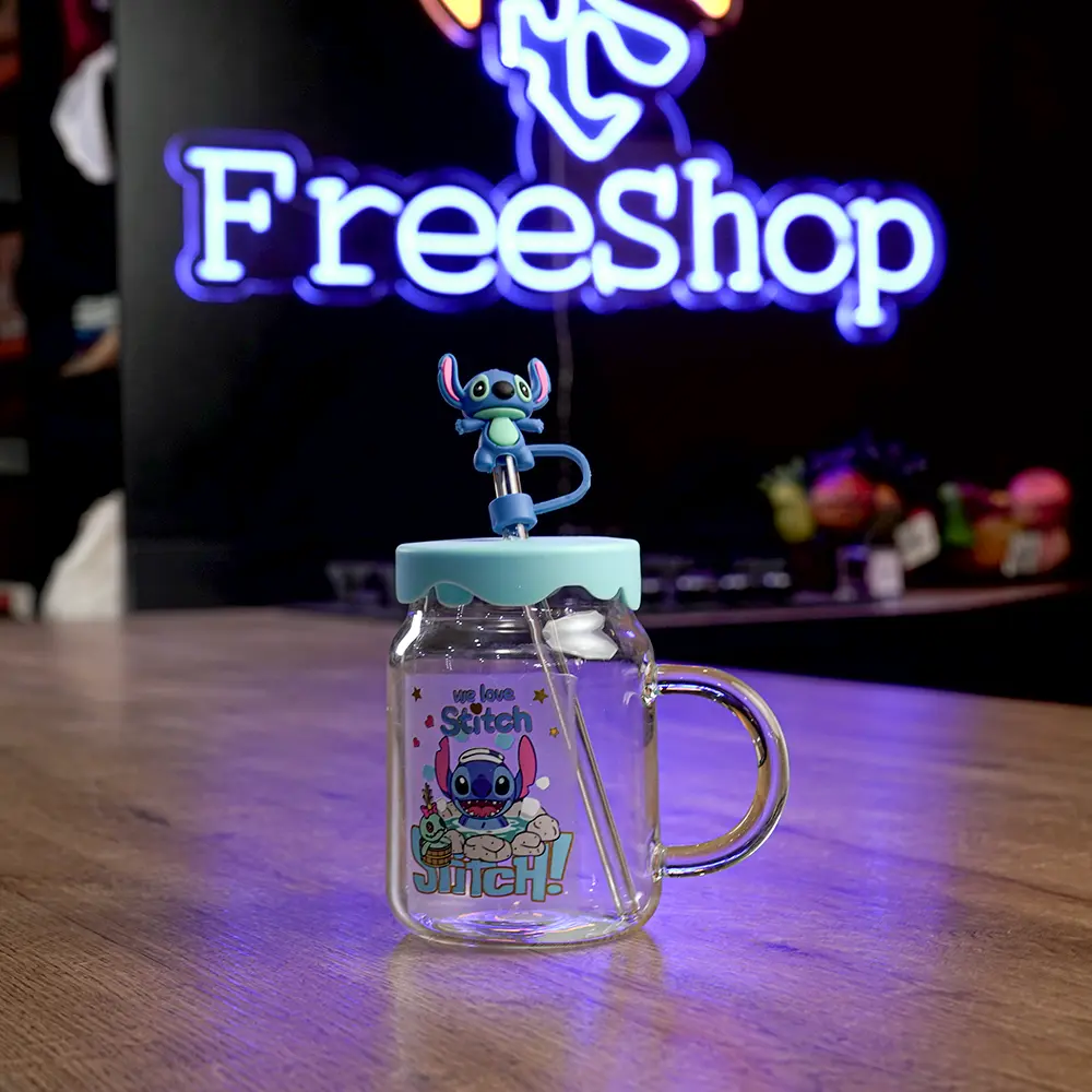 Glass stitch design mug with straw & silicone blue lid1