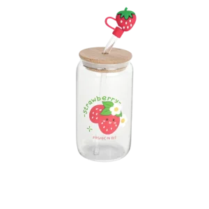 Glass strawberry design mug with bamboo lid and straw