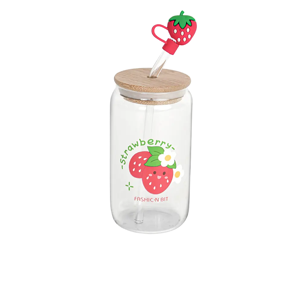 Glass-Strawberry-Design-Mug-with-Bamboo-Lid-and-Straw Glass strawberry design mug with bamboo lid and straw