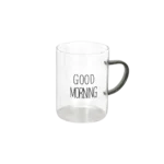 Glass transparent good morning mug with black handle
