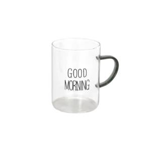 Glass transparent good morning mug with black handle